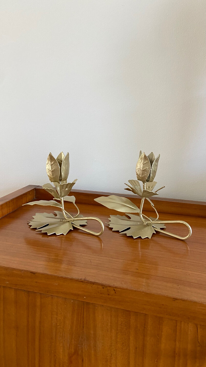 Pair of vintage flower candle holders in gold painted metal