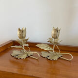 Pair of vintage flower candle holders in gold painted metal