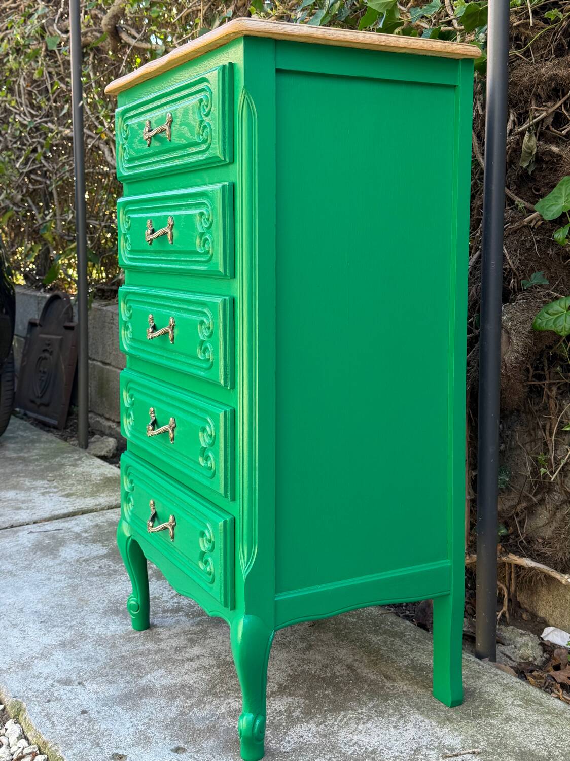 Vintage green oak chest of drawers from the 1960s.