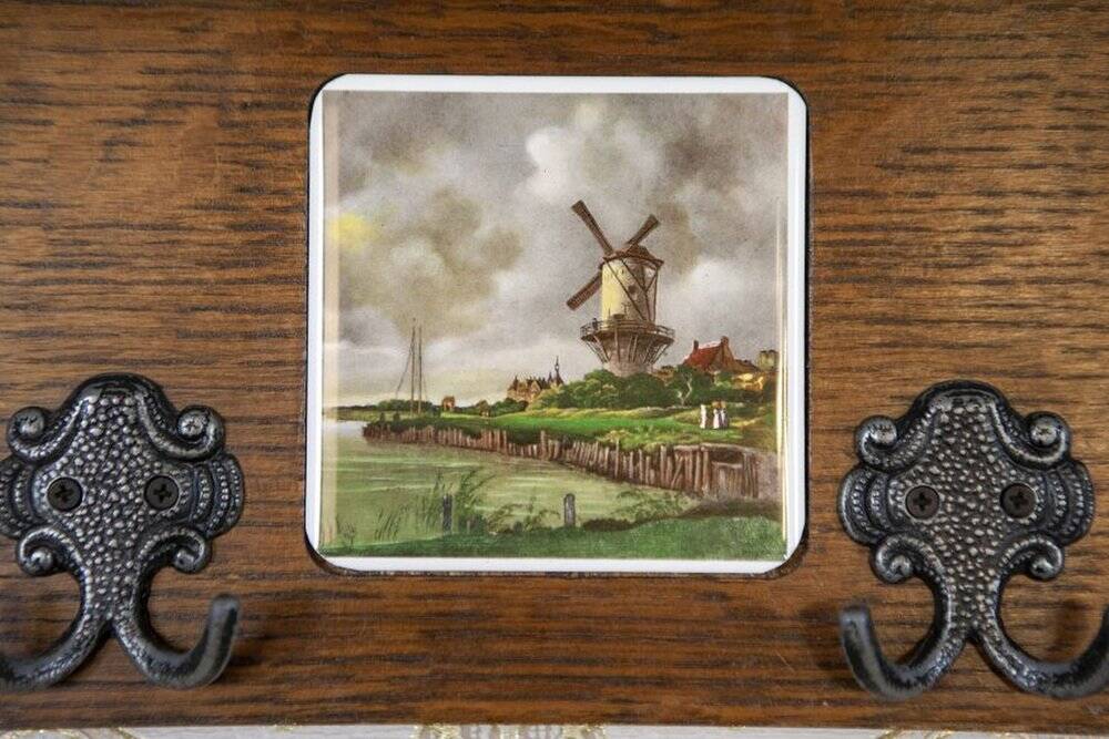 Early 20th Century Dutch Oak Wall Coat Rack with Decorative Tiles, 1950s