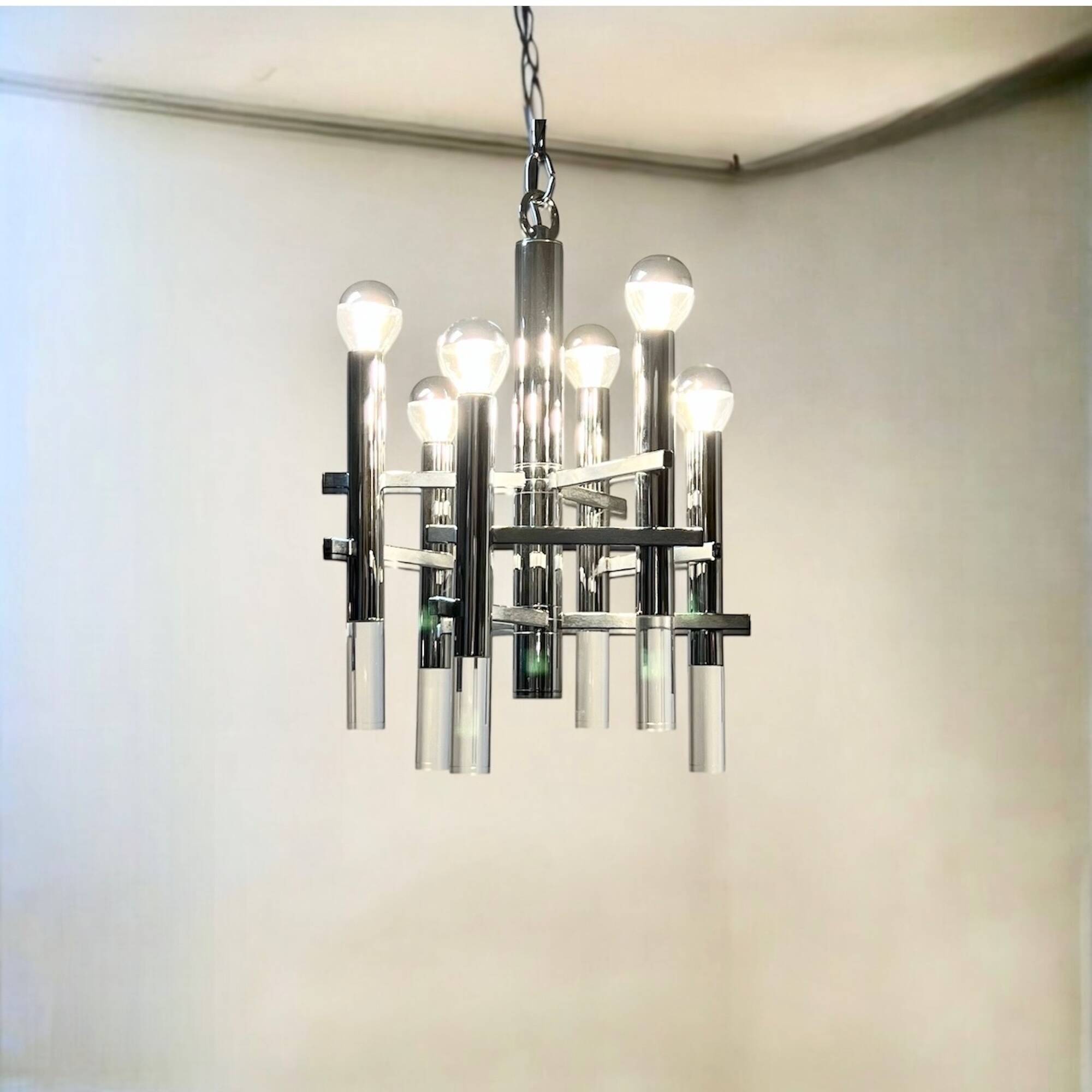 Large 70s Pendant Lamp in Chrome Metal and Perspex by Sciolari