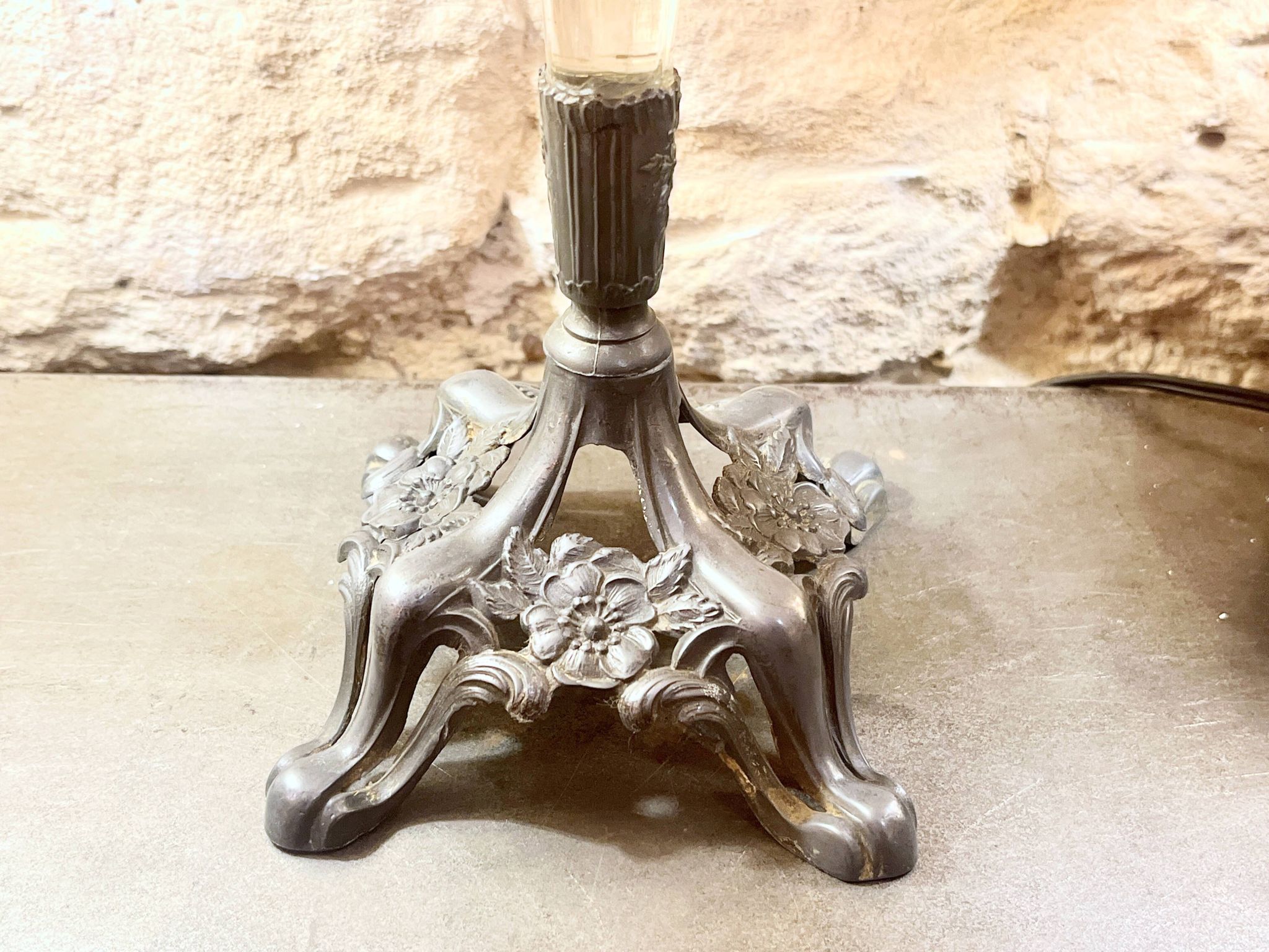 Art Nouveau glass and metal cornet vase with floral motif