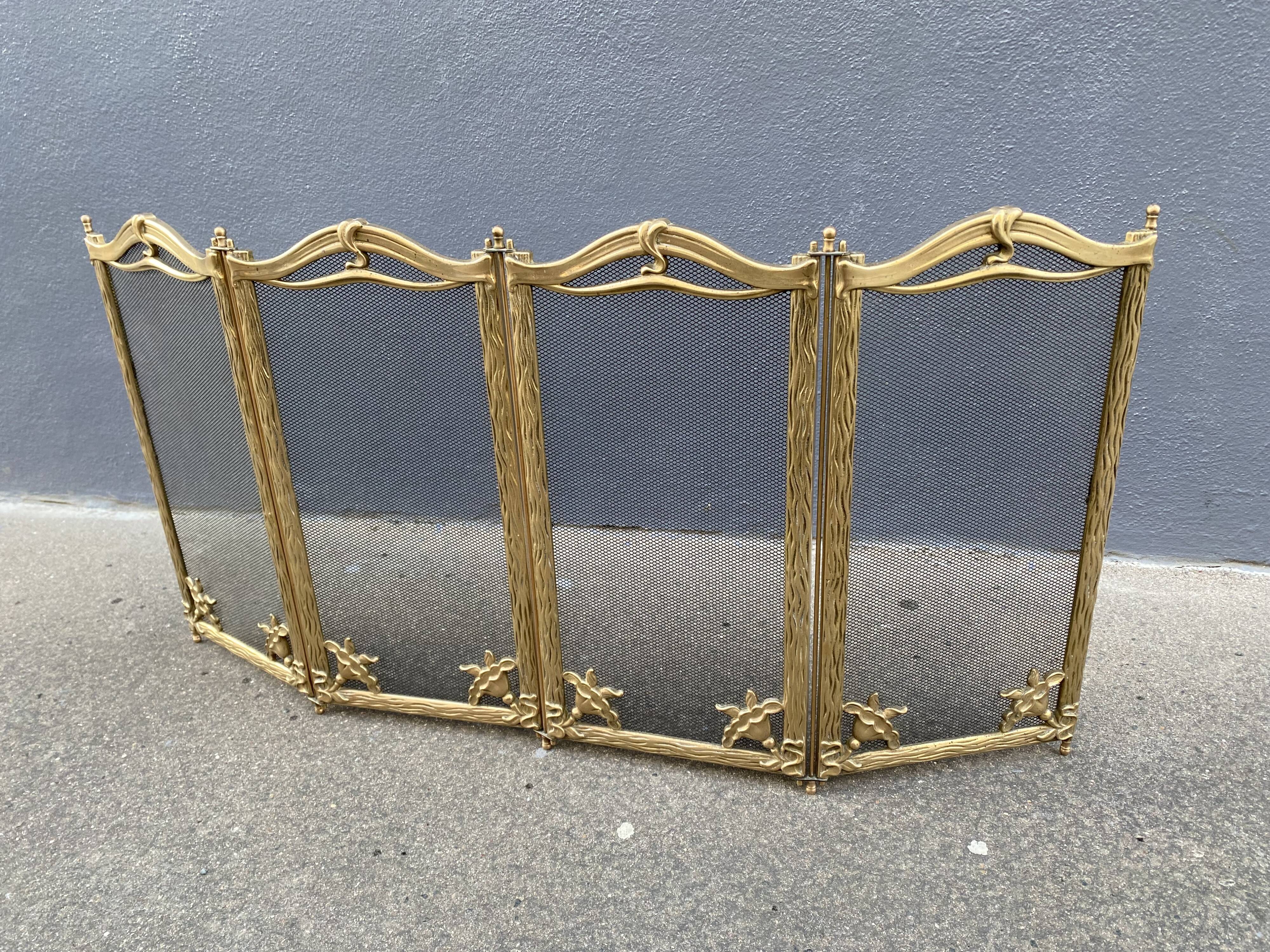 Brass fireplace fire screen 1900, French art nouveau spark screen with 4 shutters