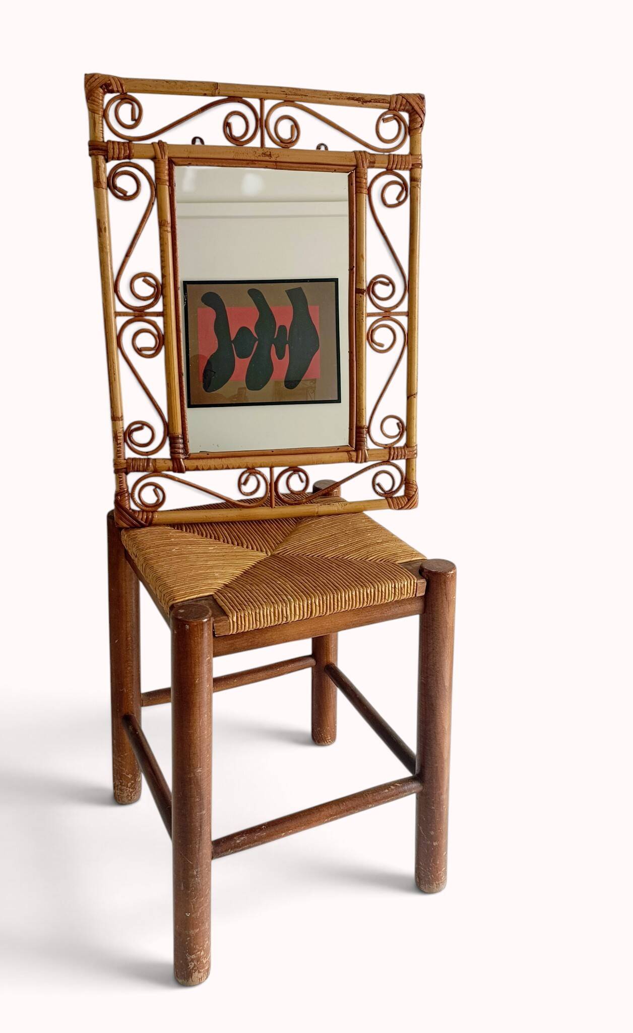 Vintage 1970s Spanish Handmade Bamboo and Rattan Wall Mirror