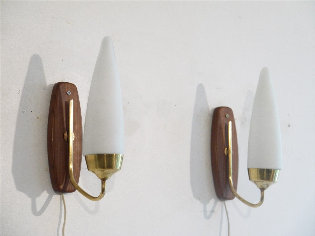 Pair of Danish wall lamps in teak and opaline 1960