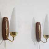 Pair of Danish wall lamps in teak and opaline 1960