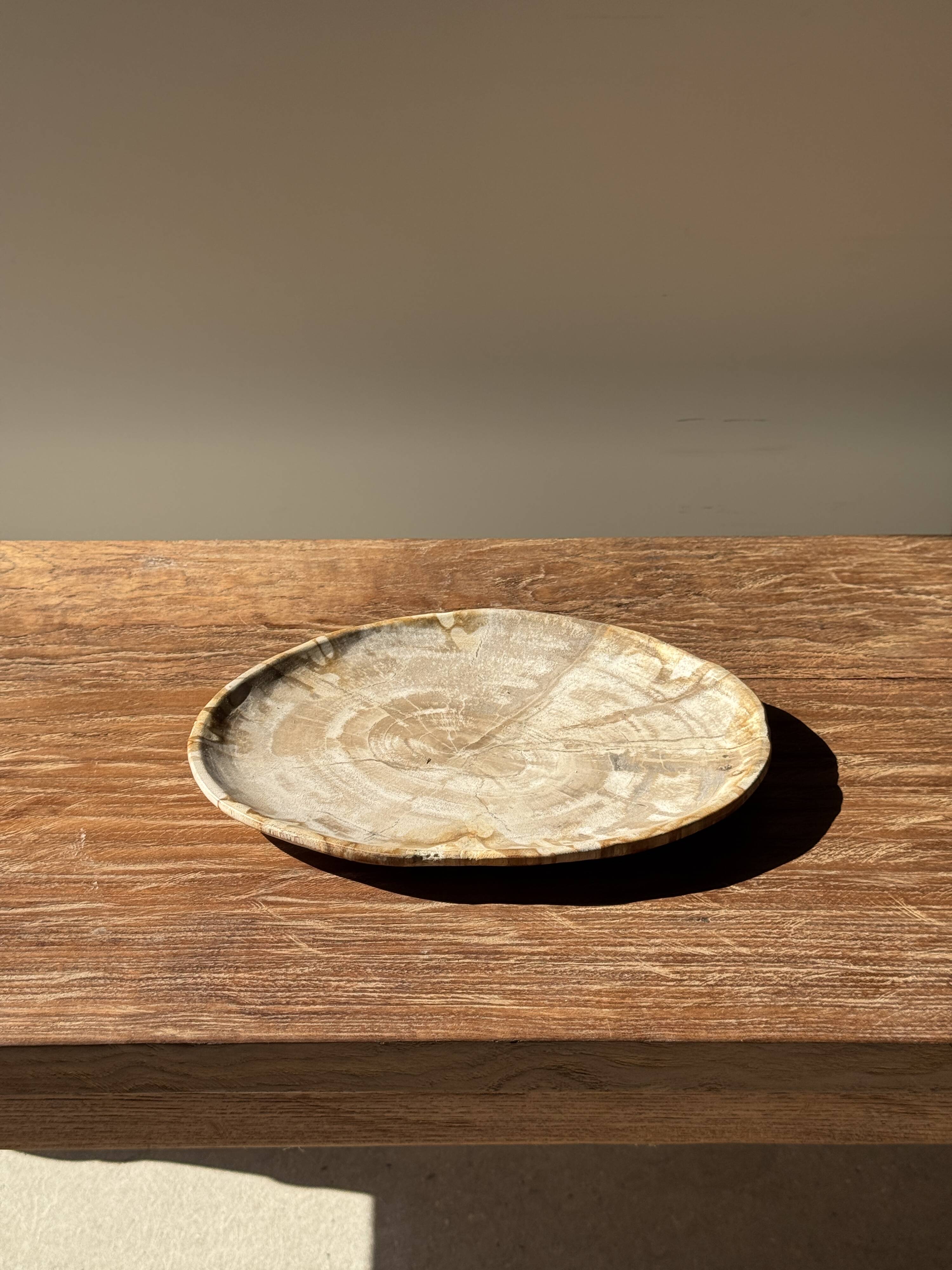 Small oval beige petrified wood dish or tray with speckled edges.
