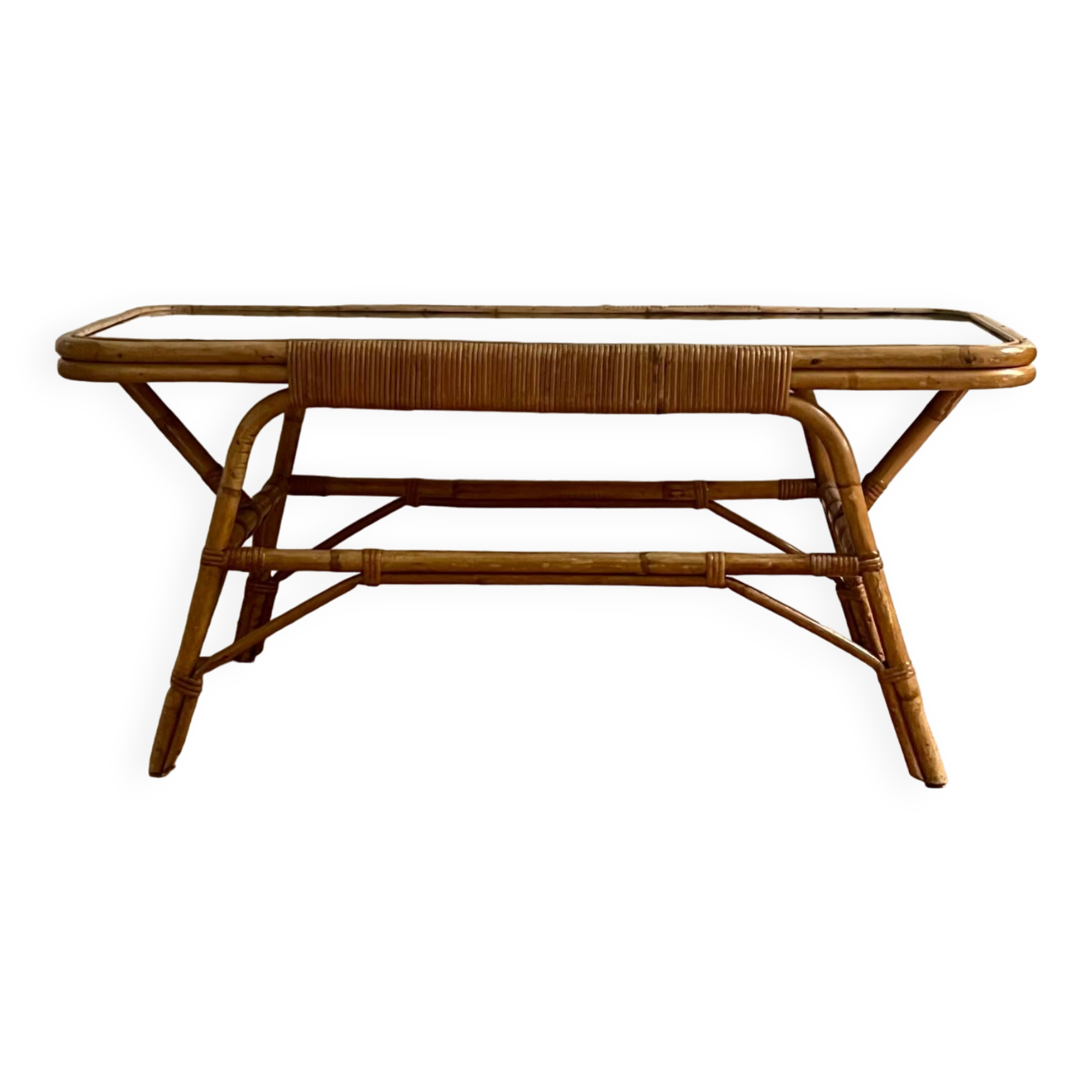 Coffee table, rattan mirror top 60s