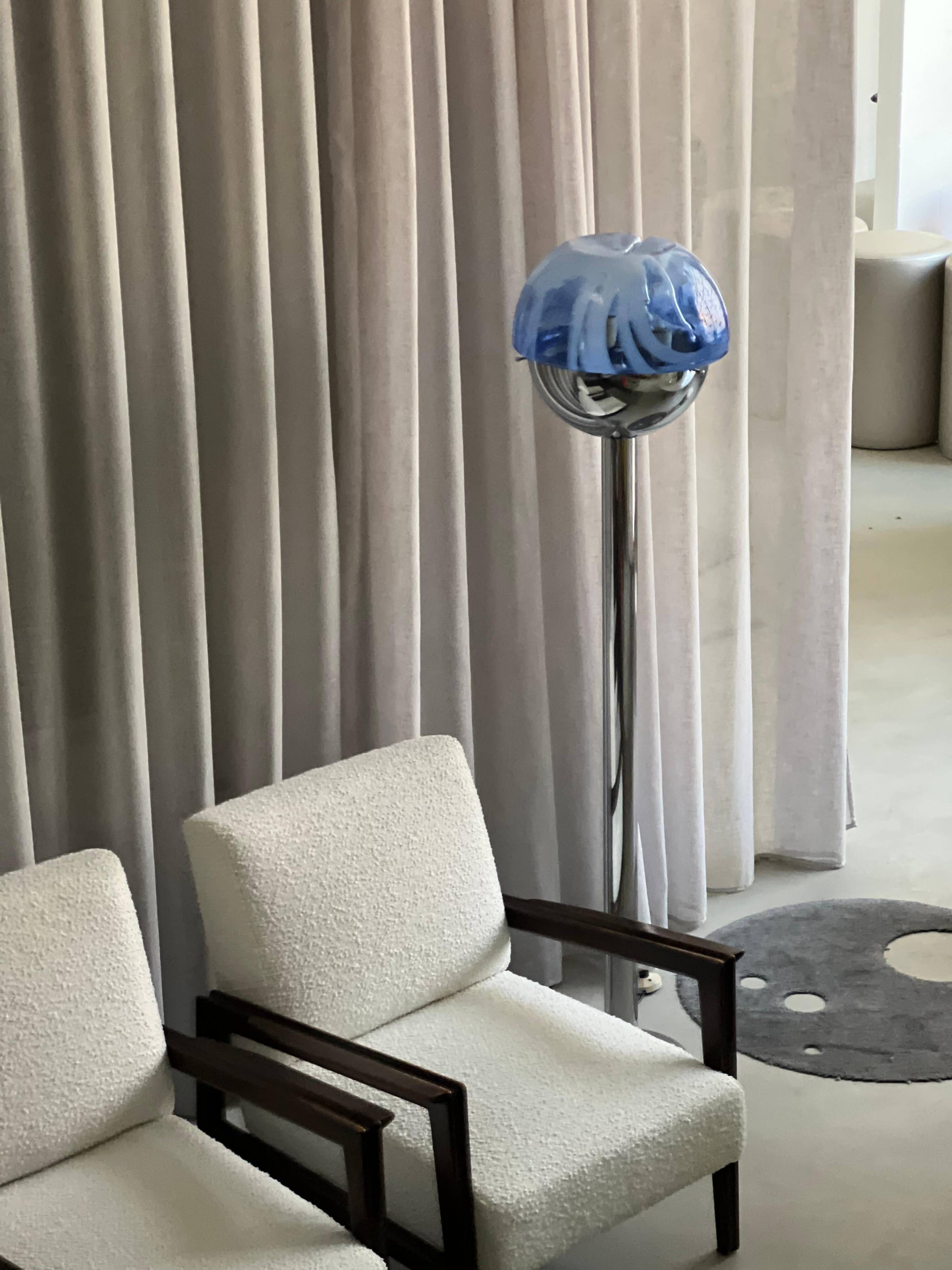 Chromed Floor Lamp from the 1960s, Made in Italy, Blue and white murano glass