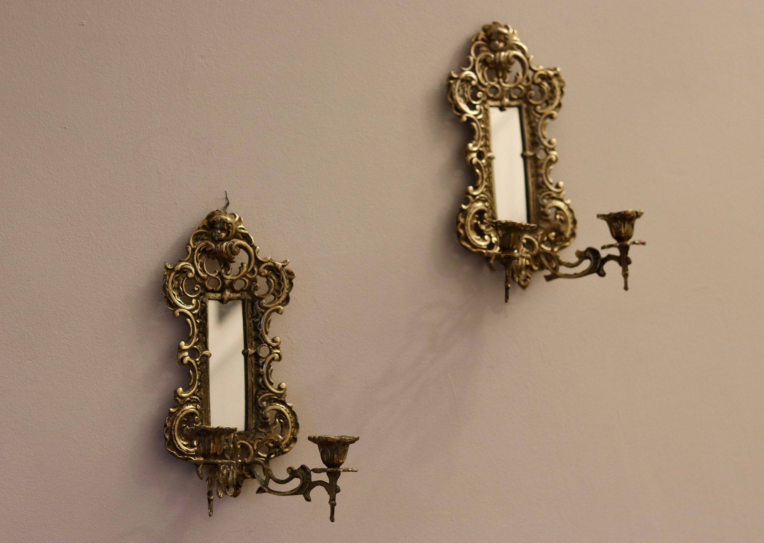 Pair of Antique Brass Wall Sconces with Mirror