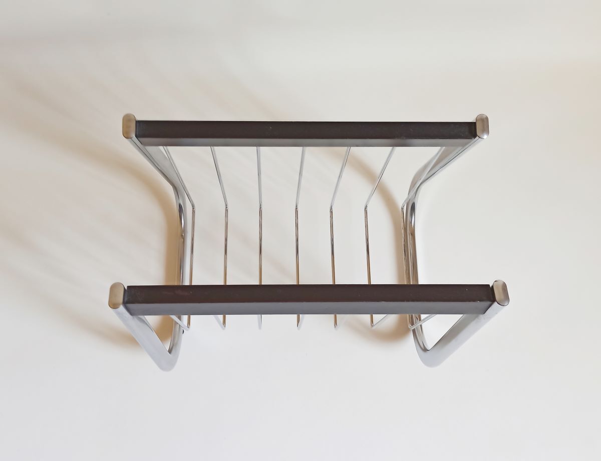Magazine holder chrome metal and wood 70s