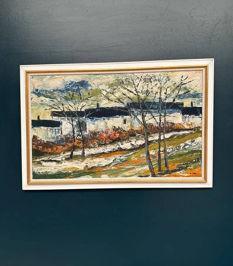 Large Original Swedish Oil on Panel – “Landscape with Houses and Trees” by Stig Hallblom – Signed – Vintage & Framed 90×59.5cm (35.4"×23.4")