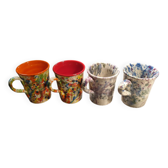 4 enameled ceramic mugs