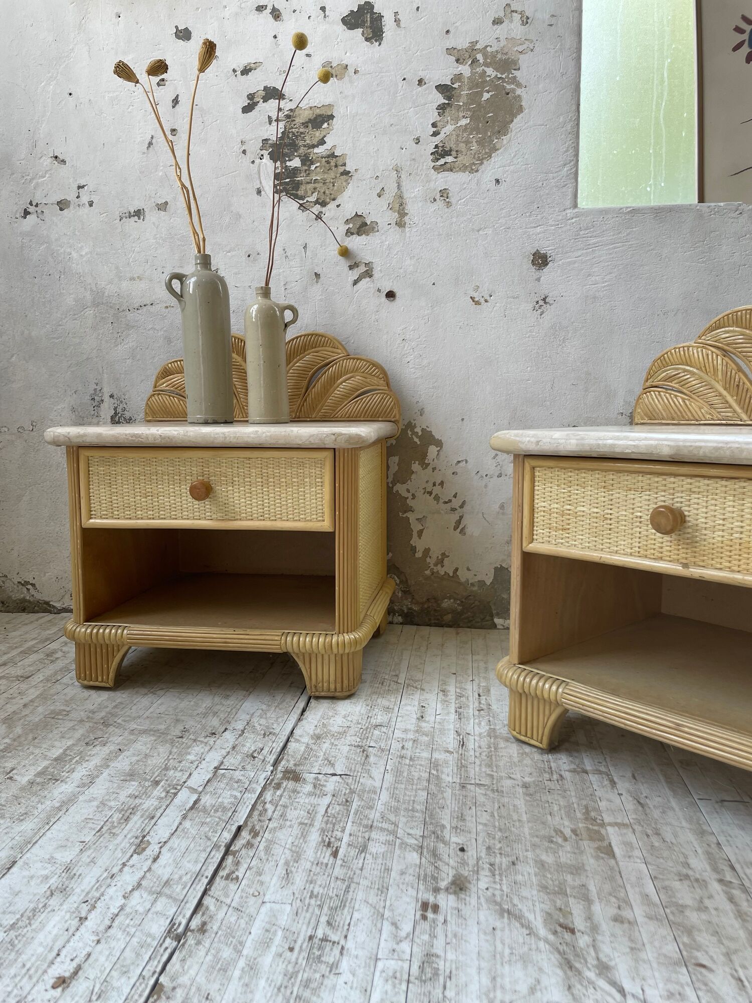 Pair of travertine bedside and rattan palm tree "vivai del sud"