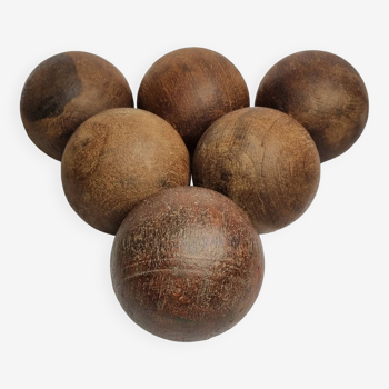 Ensemble de six boules en bois tourné anciennes pour jeu d'extérieur, 11 cm