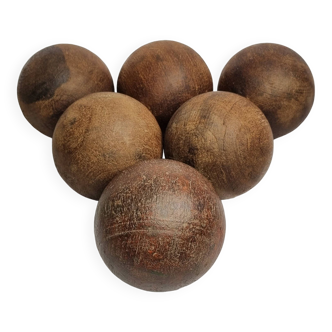 Set of six old turned wooden balls for outdoor games, 11 cm