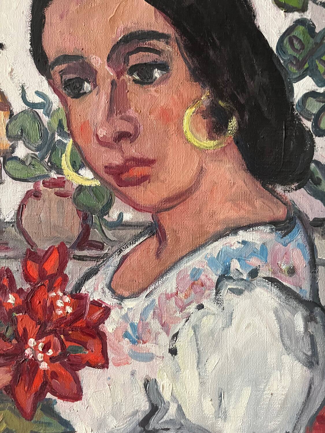 Spanish woman with a red bouquet, signed 1978.