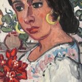 Spanish woman with a red bouquet, signed 1978.