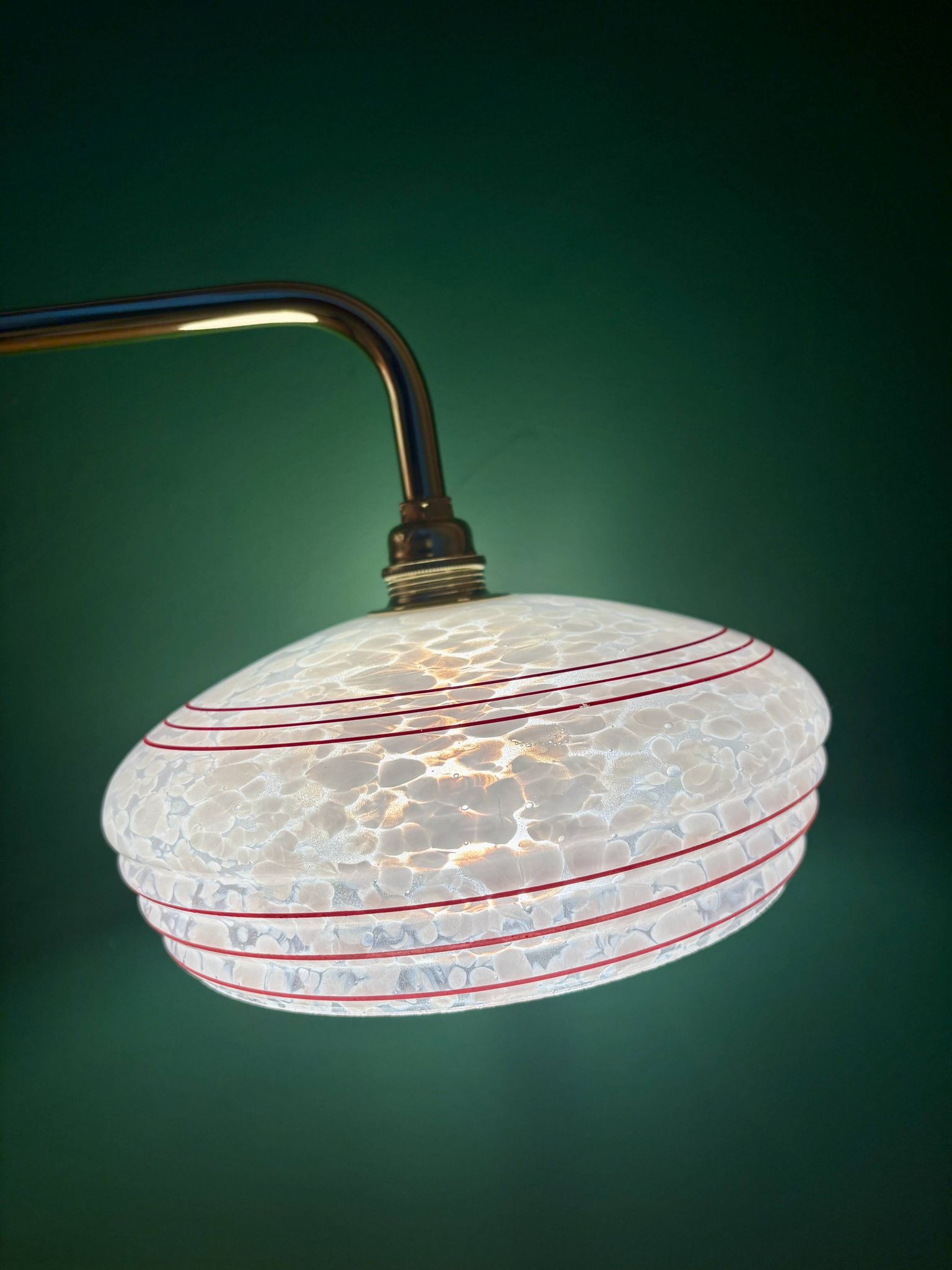 Vintage angled wall lamp with white clichy glass shade and red edging