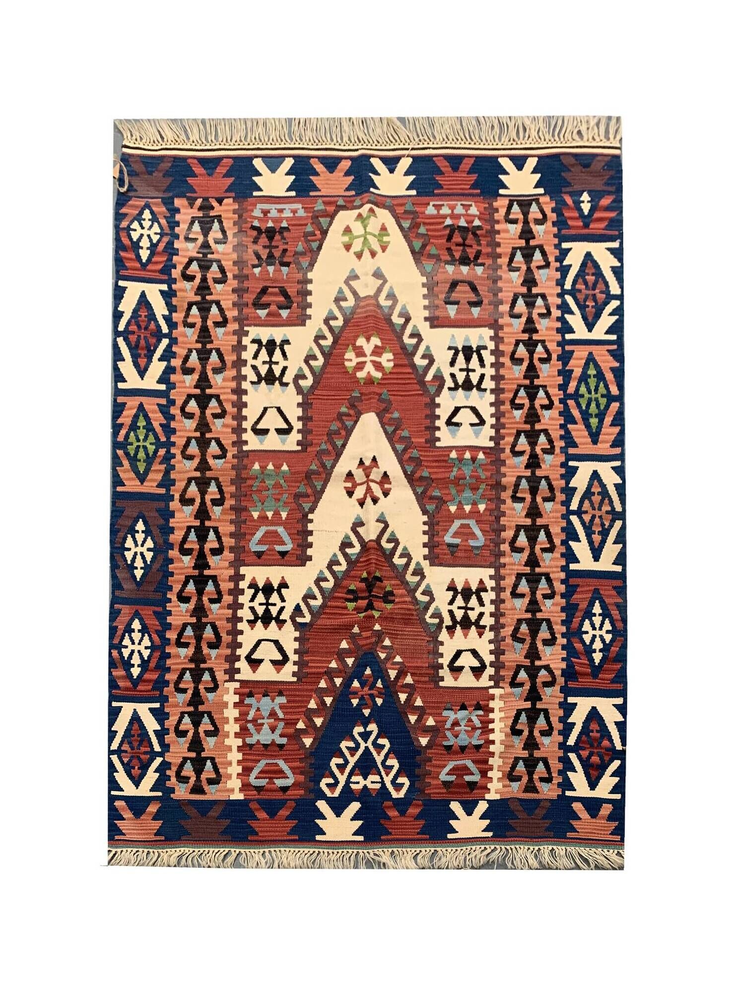 Antique Turkish Mihrabi Kilim Rug, Anatolian Geometric Rustic Carpet