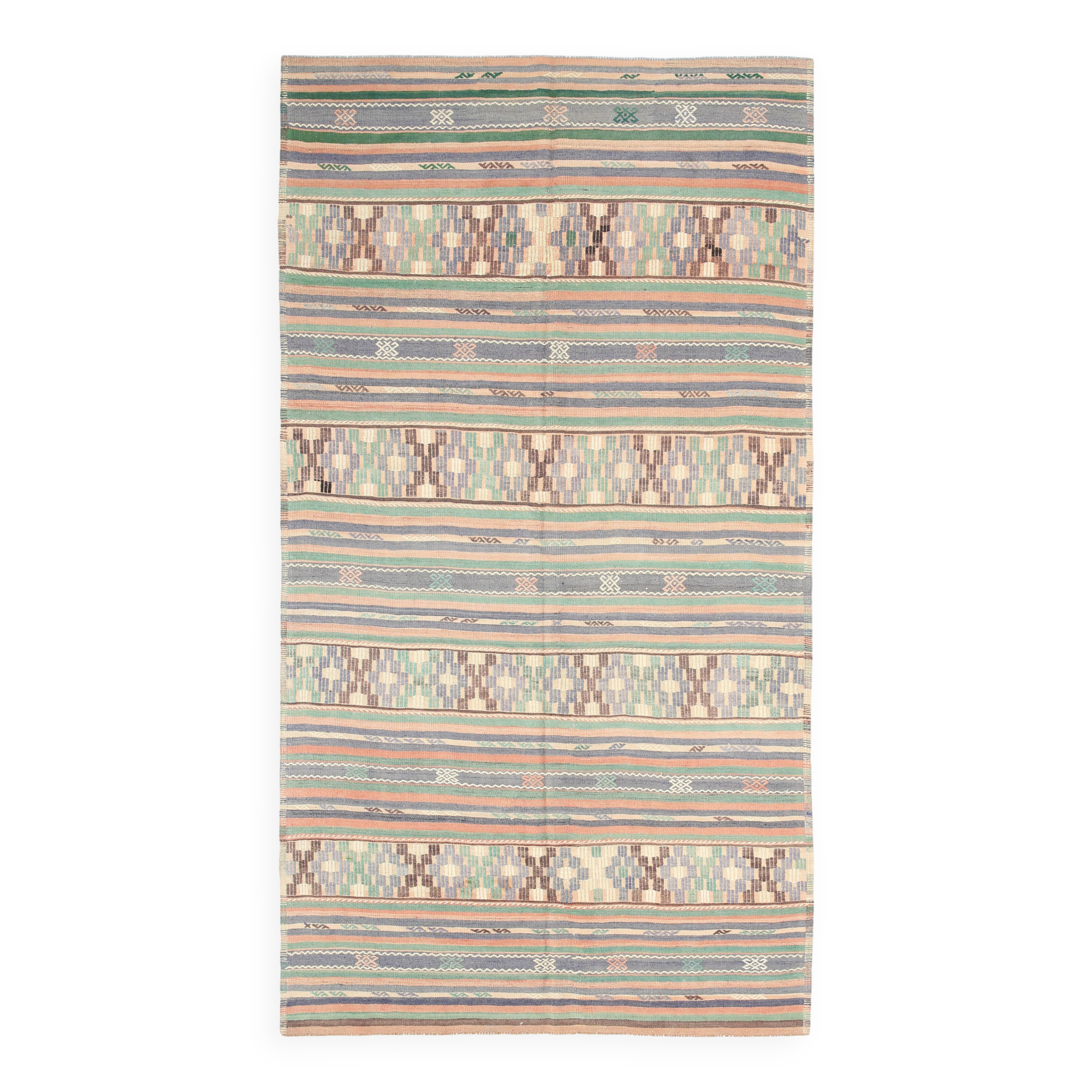 Kilim Vintage Anatolien, Rayures Tribales et Motifs Géométriques Pastel