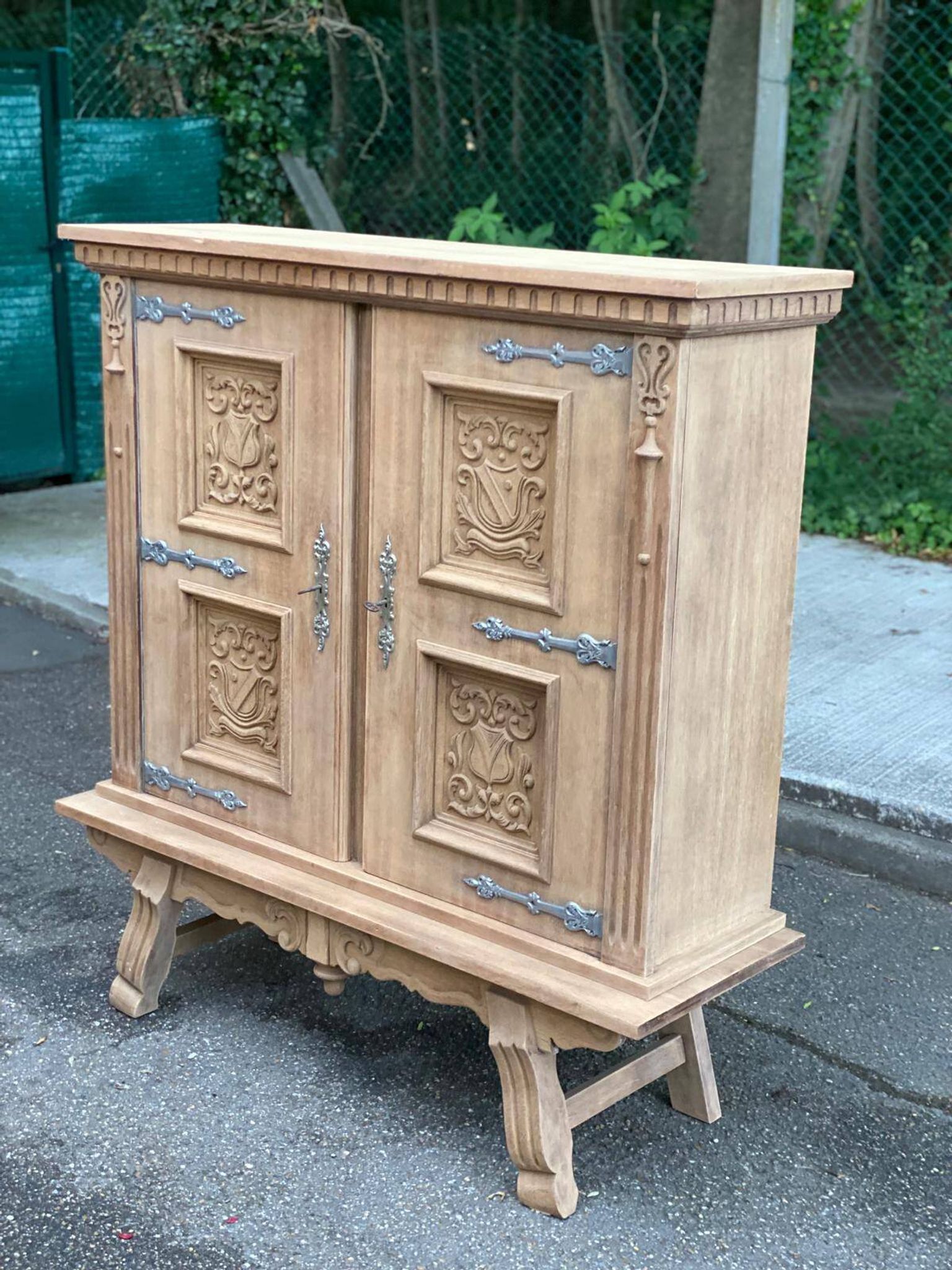 Renovated Spanish Renaissance oak buffet armoire from the 1930s.