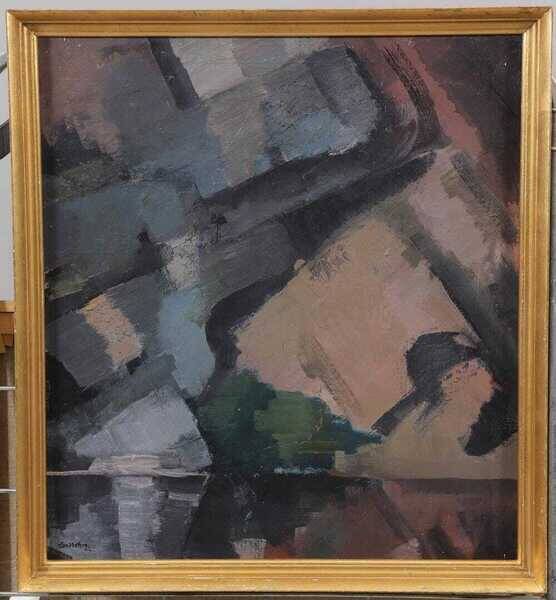Original large mid-century Swedish oil on canvas – “Composition” by Sixten Lundbohm – vintage & framed – 77 × 70 cm (30.3" × 27.6")