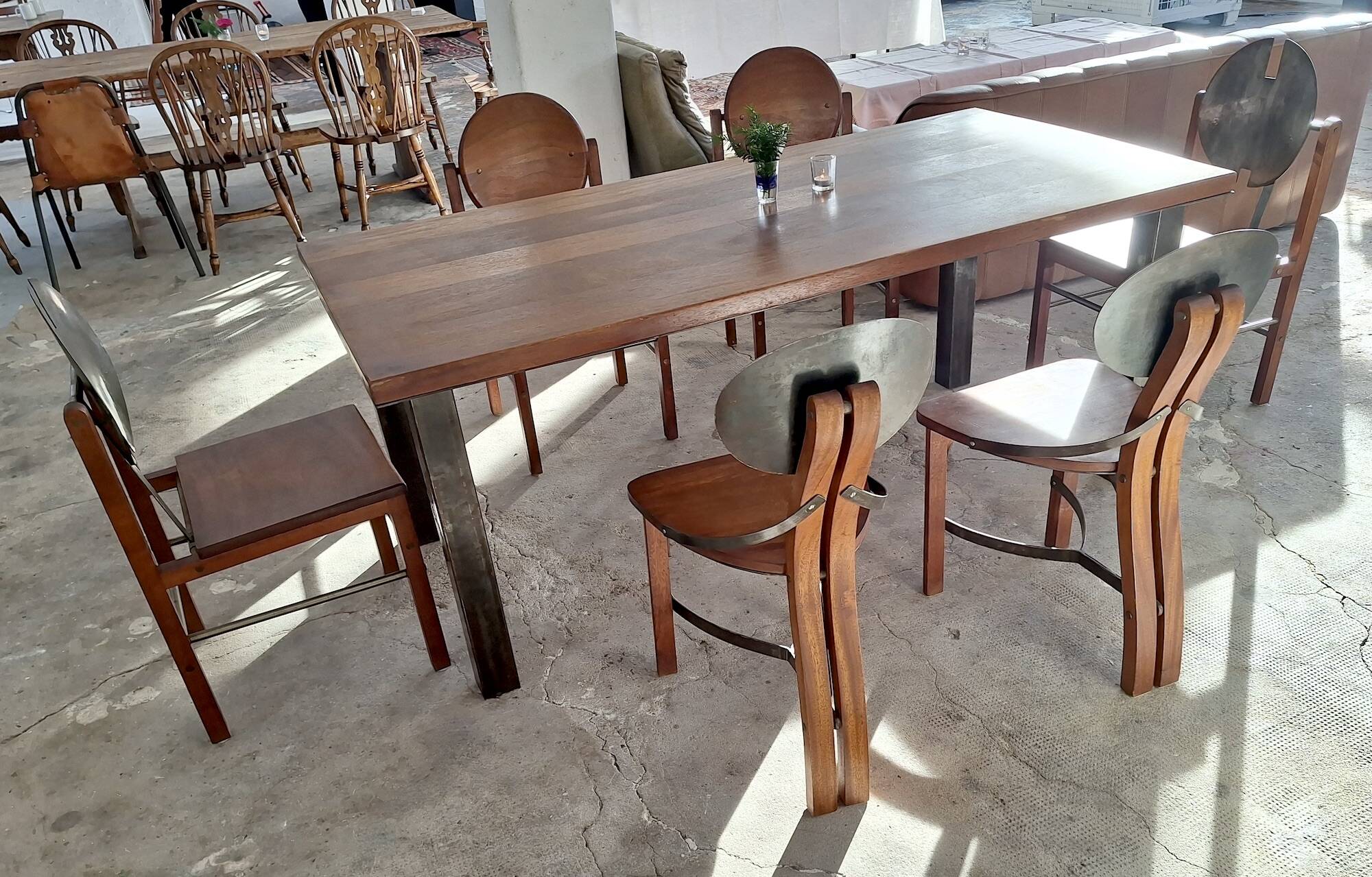 Set of 6 mid century Brutalist teak and steel dining chairs, 1960s