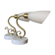 Pair of brass swan neck wall lights with white glass shades.