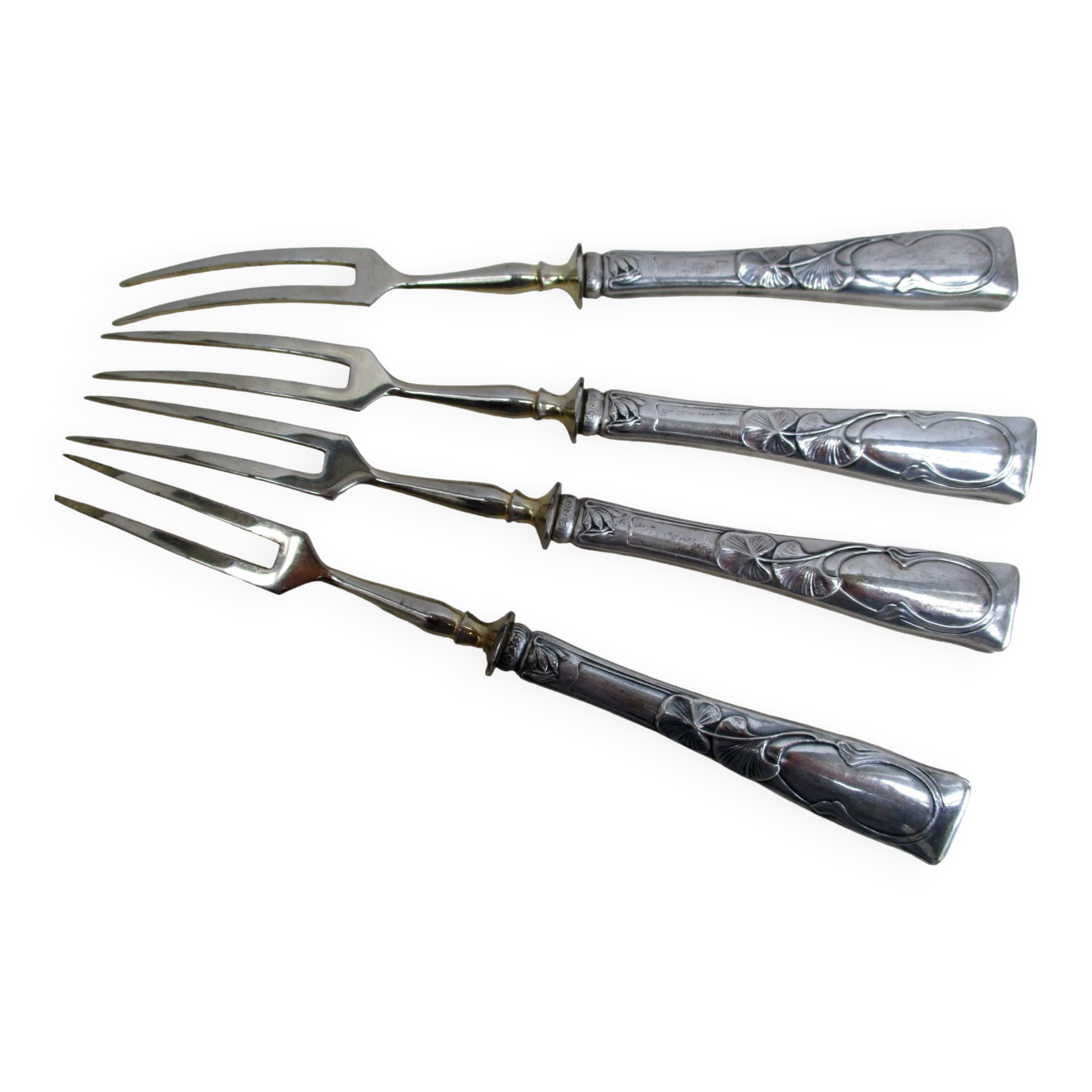 serving forks silver handles germany origin -box of- 4 art nouveau