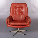 Danish red leather swivel chair, 1960