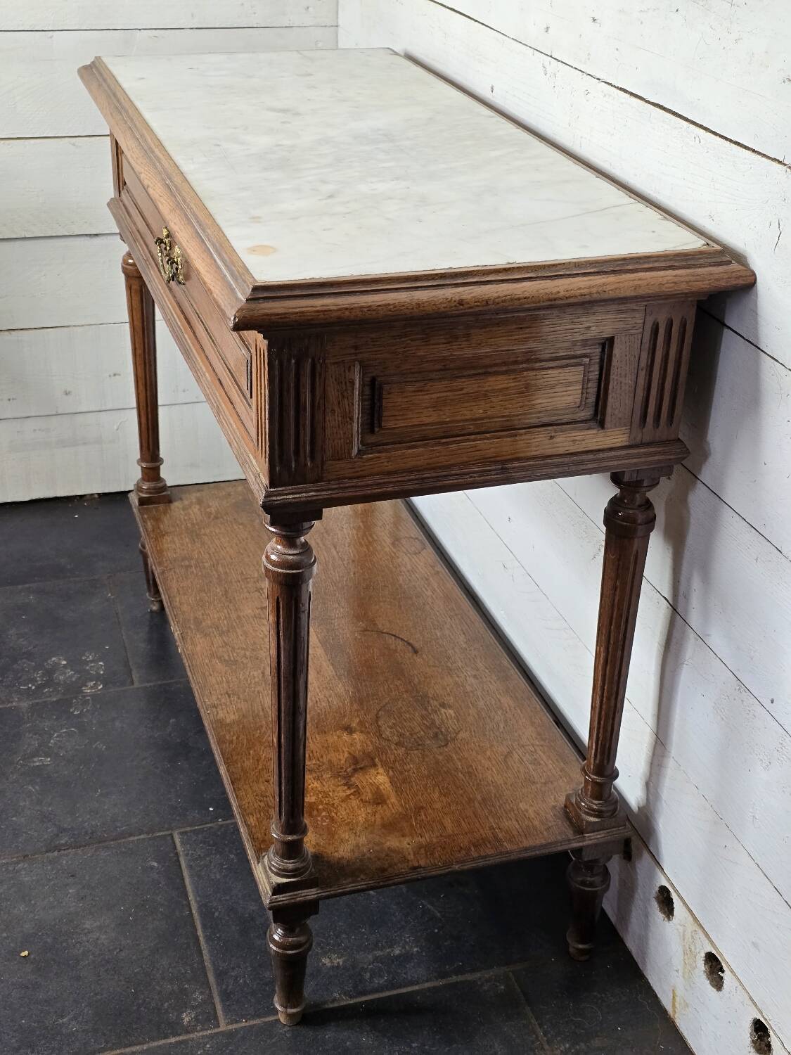 Oak bathroom cabinet with 1 drawer and marble top