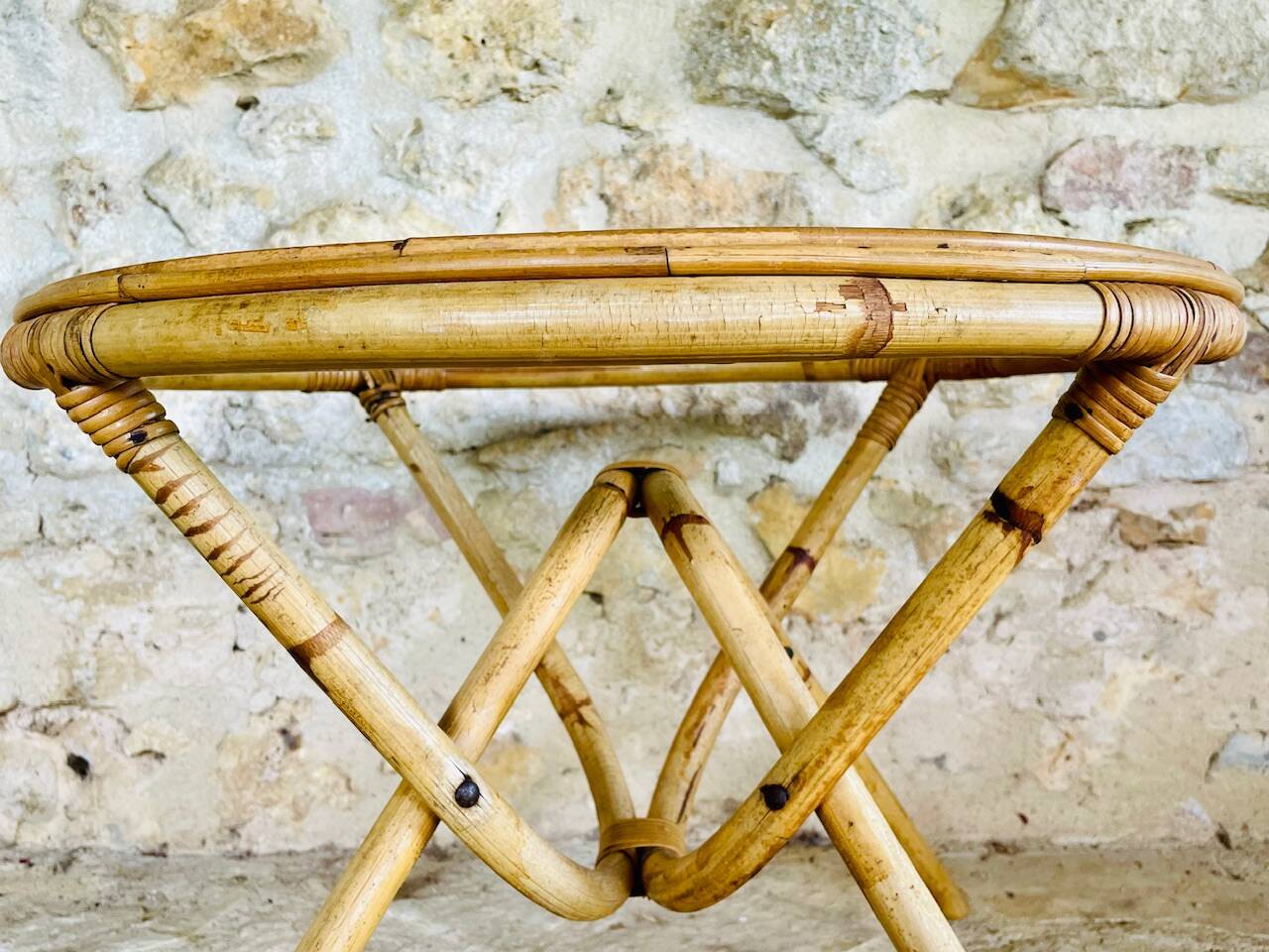 Round bamboo and rattan coffee table with glass top, circa 1960s