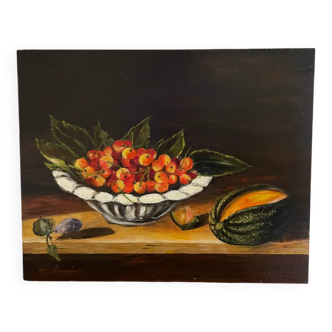 Painting on wood signed B Fafournoux cutting of cherries, plums and melon