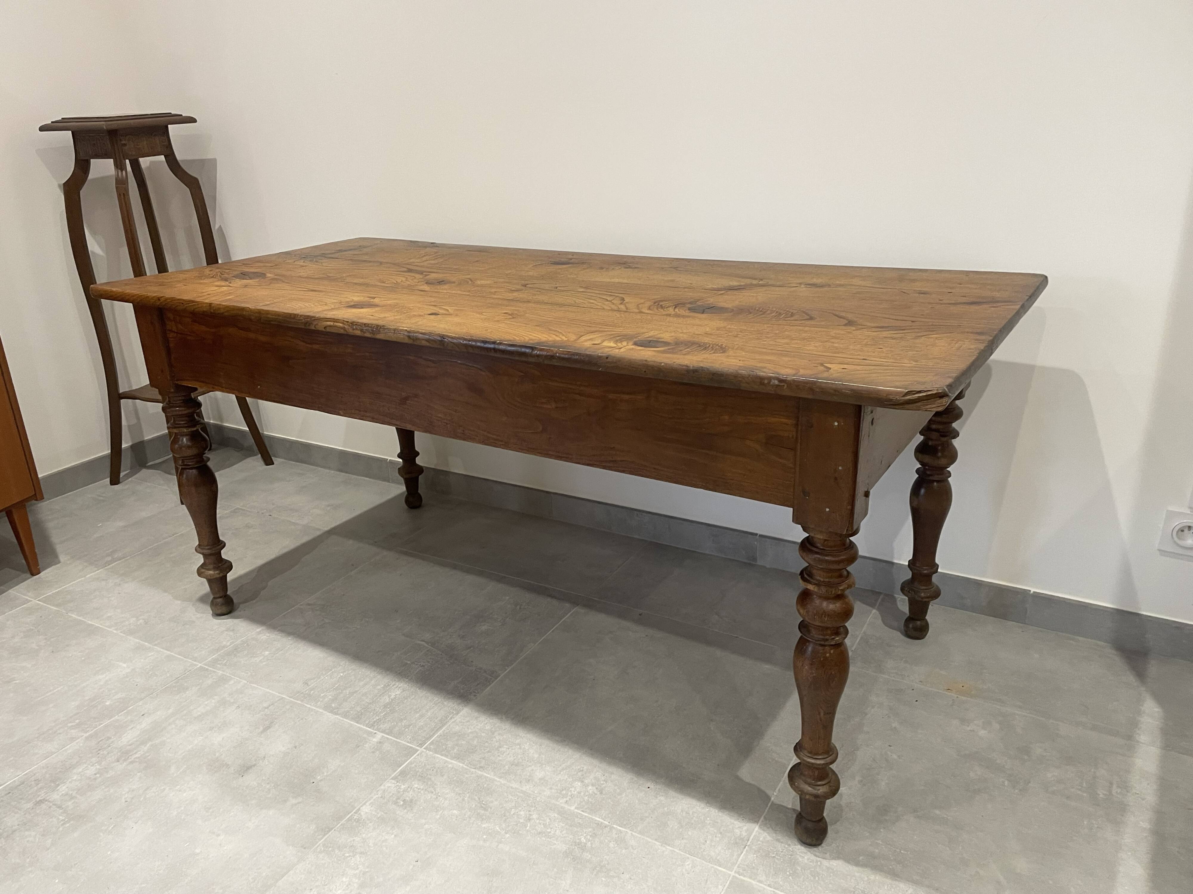 Antique natural wood farm table with 3 drawers