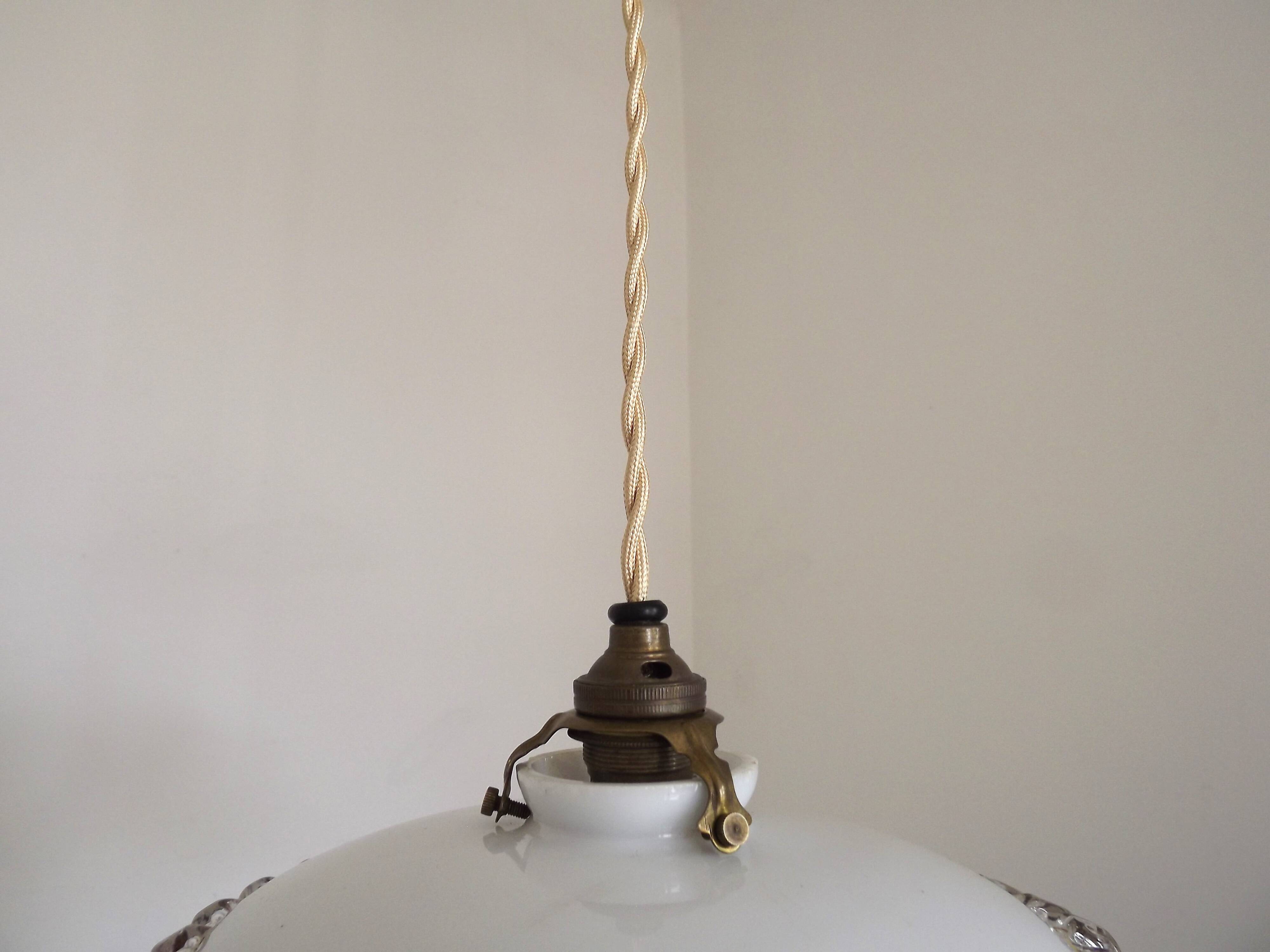 Vintage French Art Deco Opaline Glass Pendant Light Clear Frilled Edge