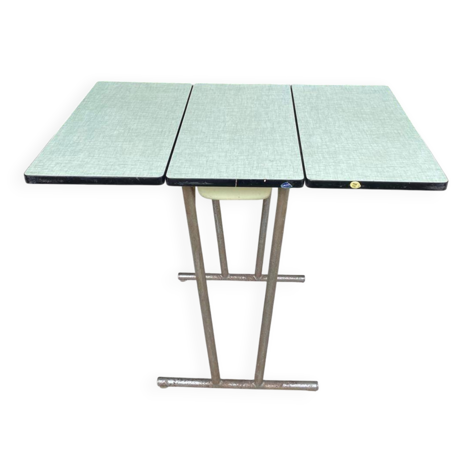 Folding and extending kitchen table in steel and aqua green wood