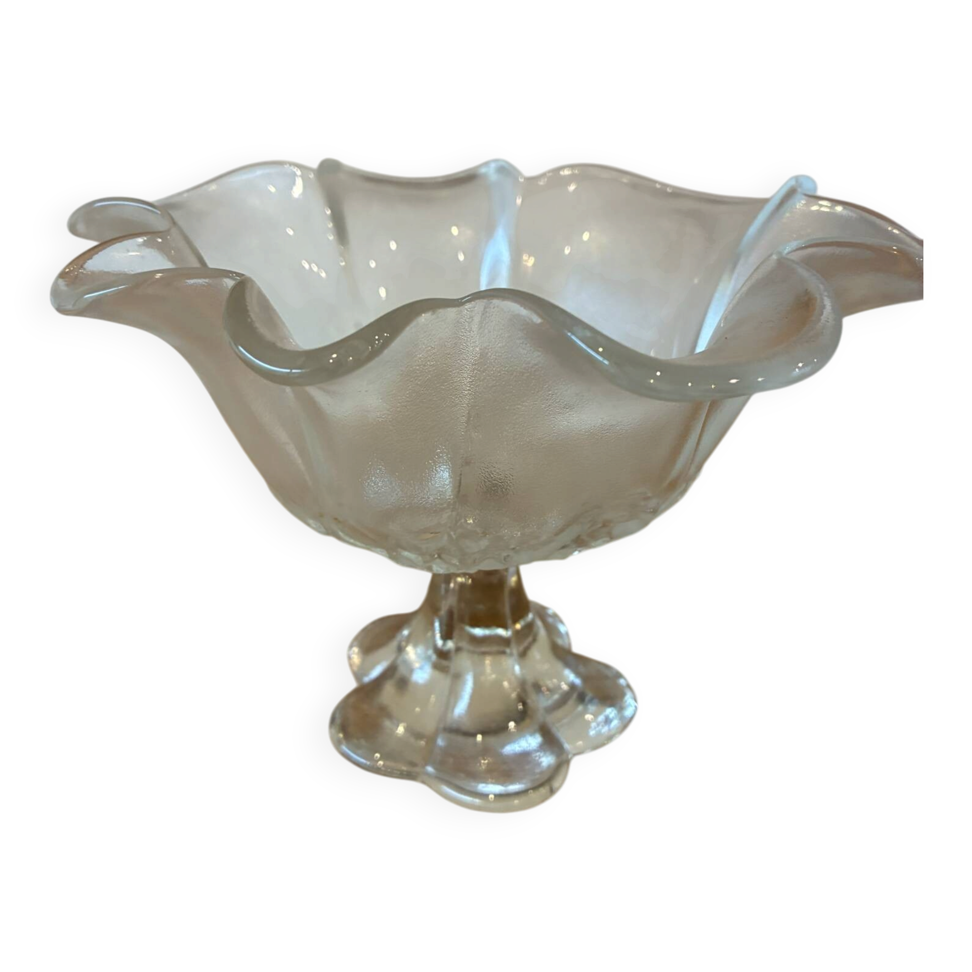Footed bowl / Vintage frosted moulded glass compote – Corolla shape