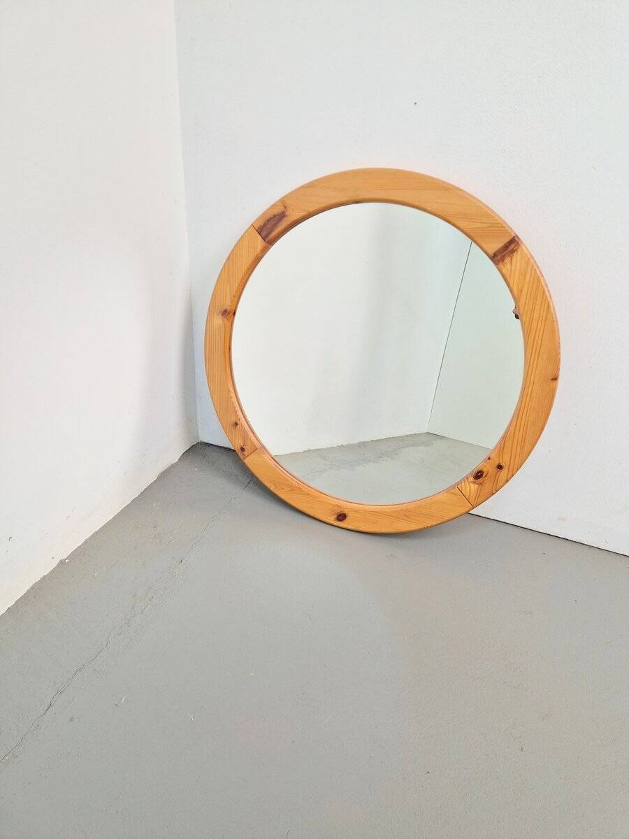 Scandinavian Round Pine Mirror, 1970s