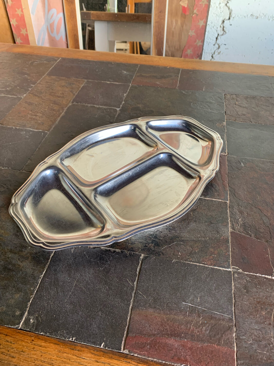 Vintage stainless steel large serving tray – meat & vegetable compartments