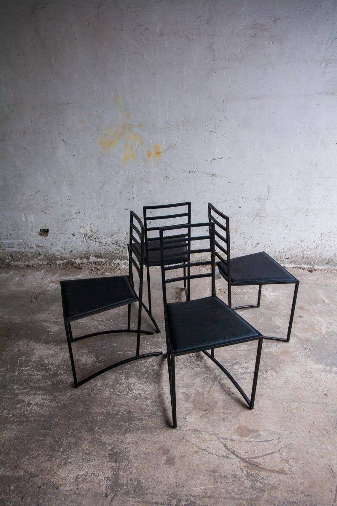 Set of 4 Black Steel Dining Chairs with Black Faux-Leather Seats — Minimalist Geometric Design