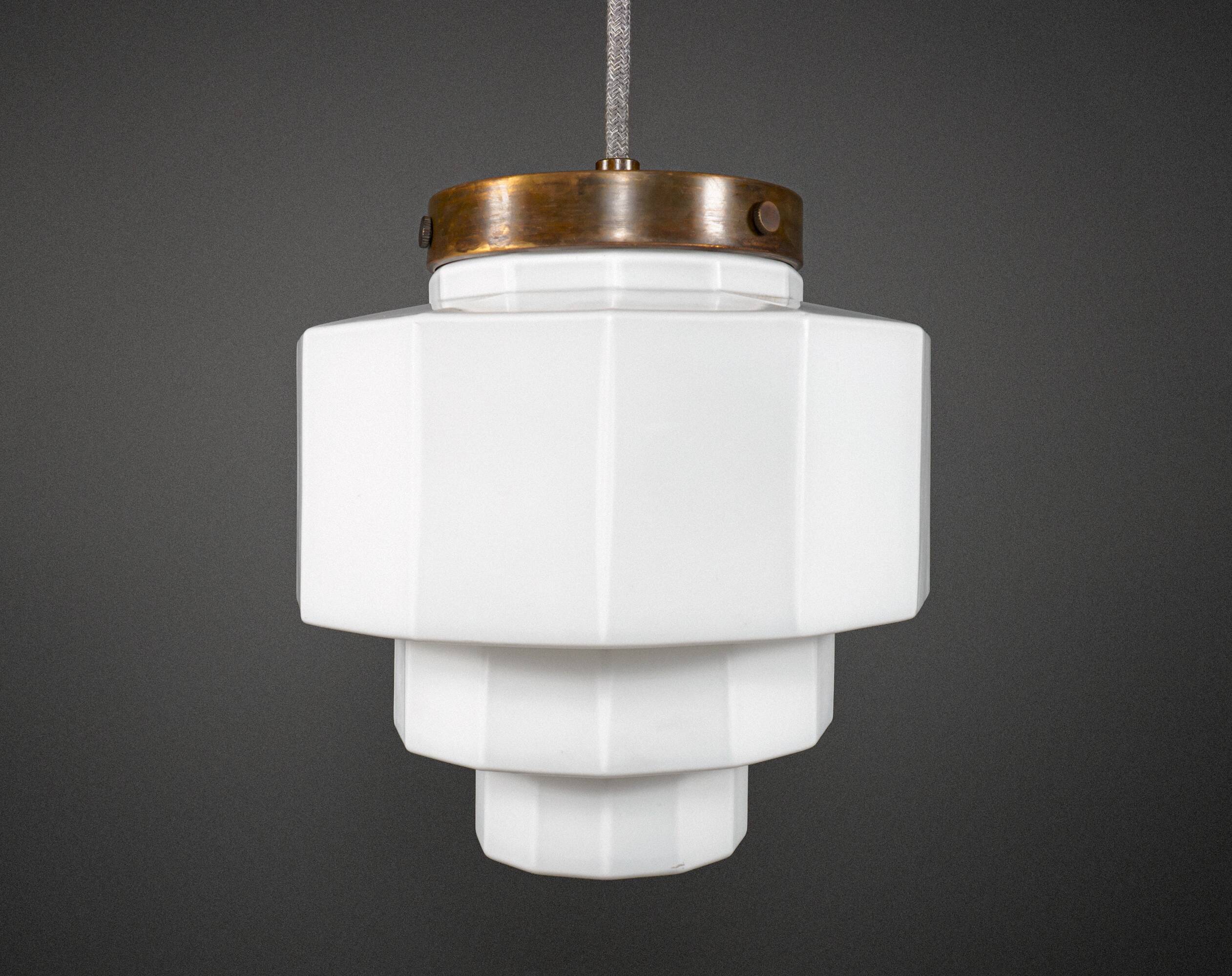 1930s English Art Deco Stepped Opaline Glass Pendant Lamp