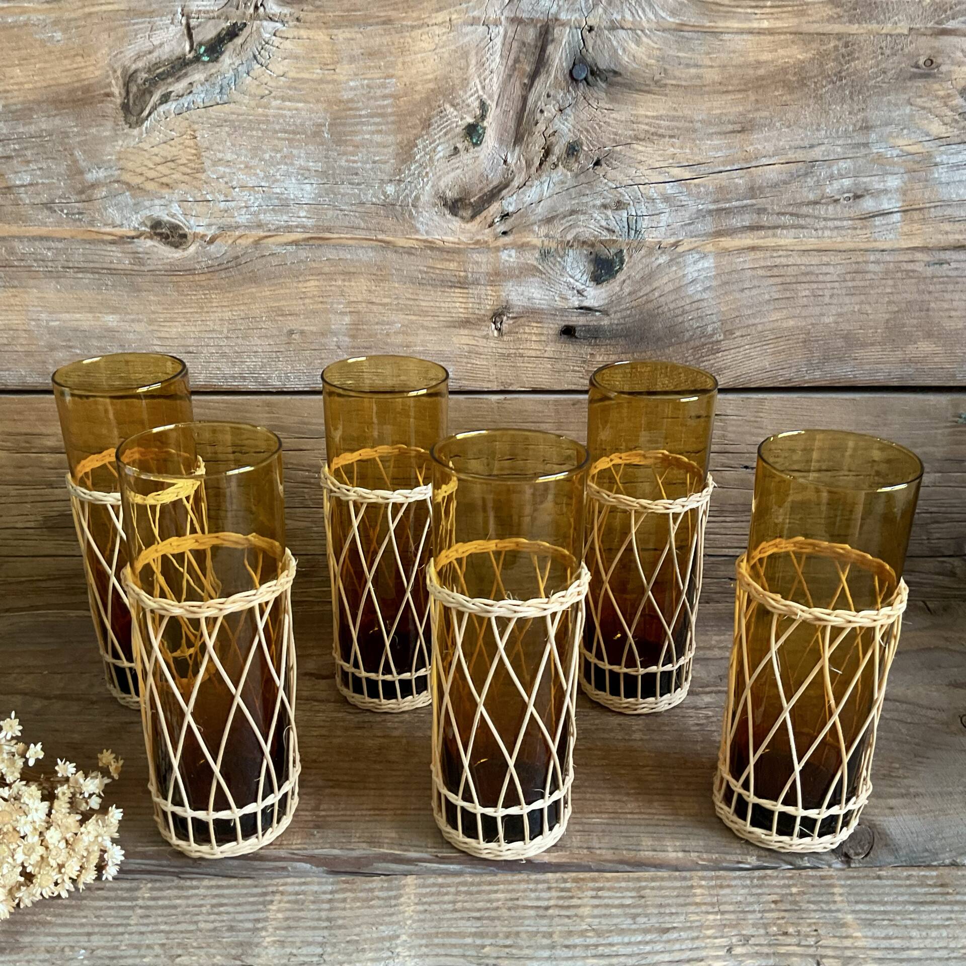 6 amber long drink glasses with wicker