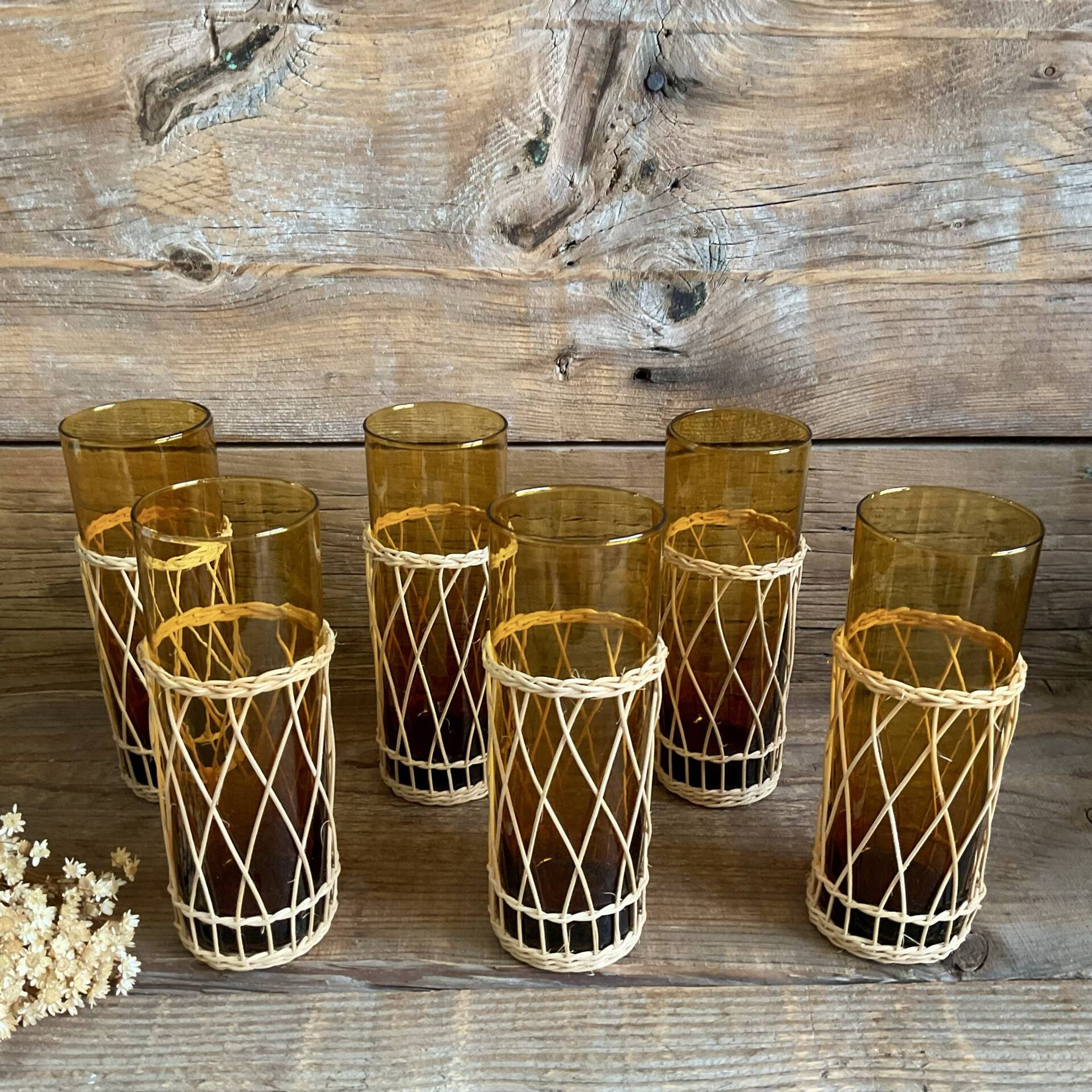 6 verres long drink ambrés et osier