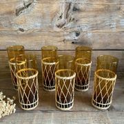 6 verres long drink ambrés et osier