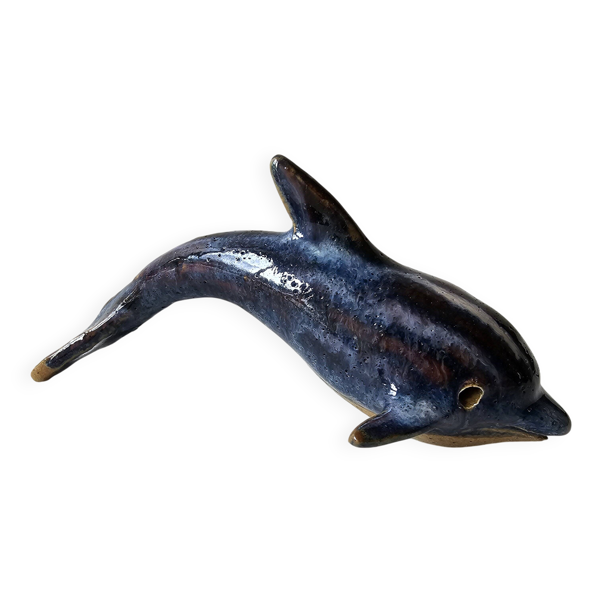 Signed blue ceramic dolphin sculpture (Signature to be identified)