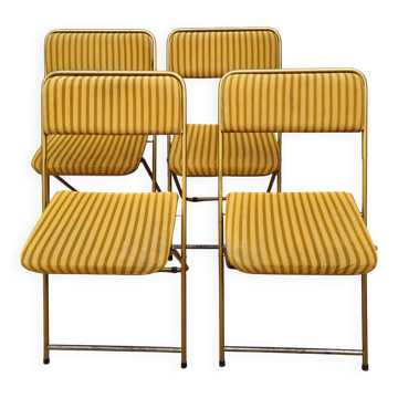 4 chaises pliantes vintage Lafuma en métal doré et velours rayé, Années 70