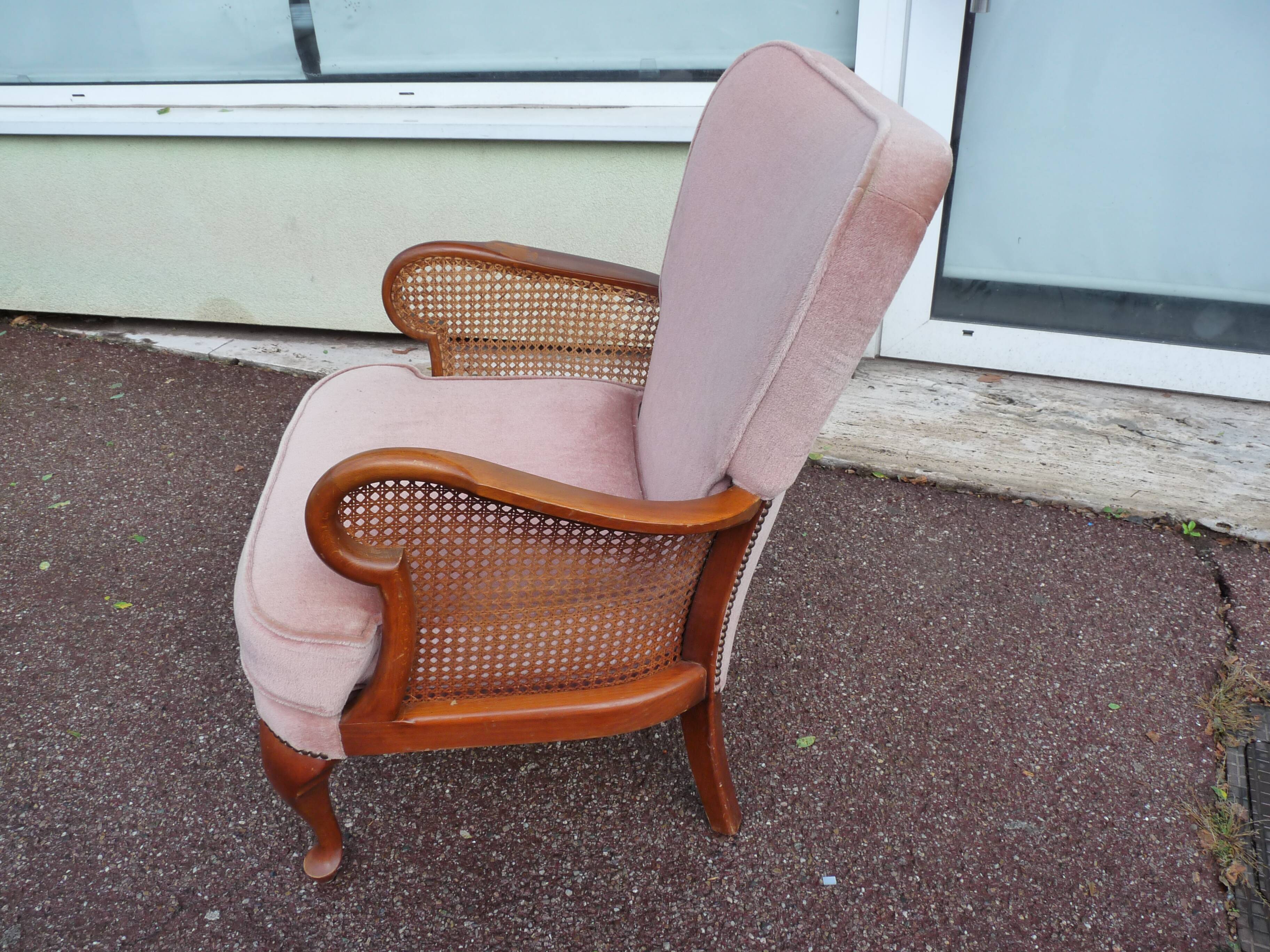 fauteuil bois velours rose cannage - cocktail