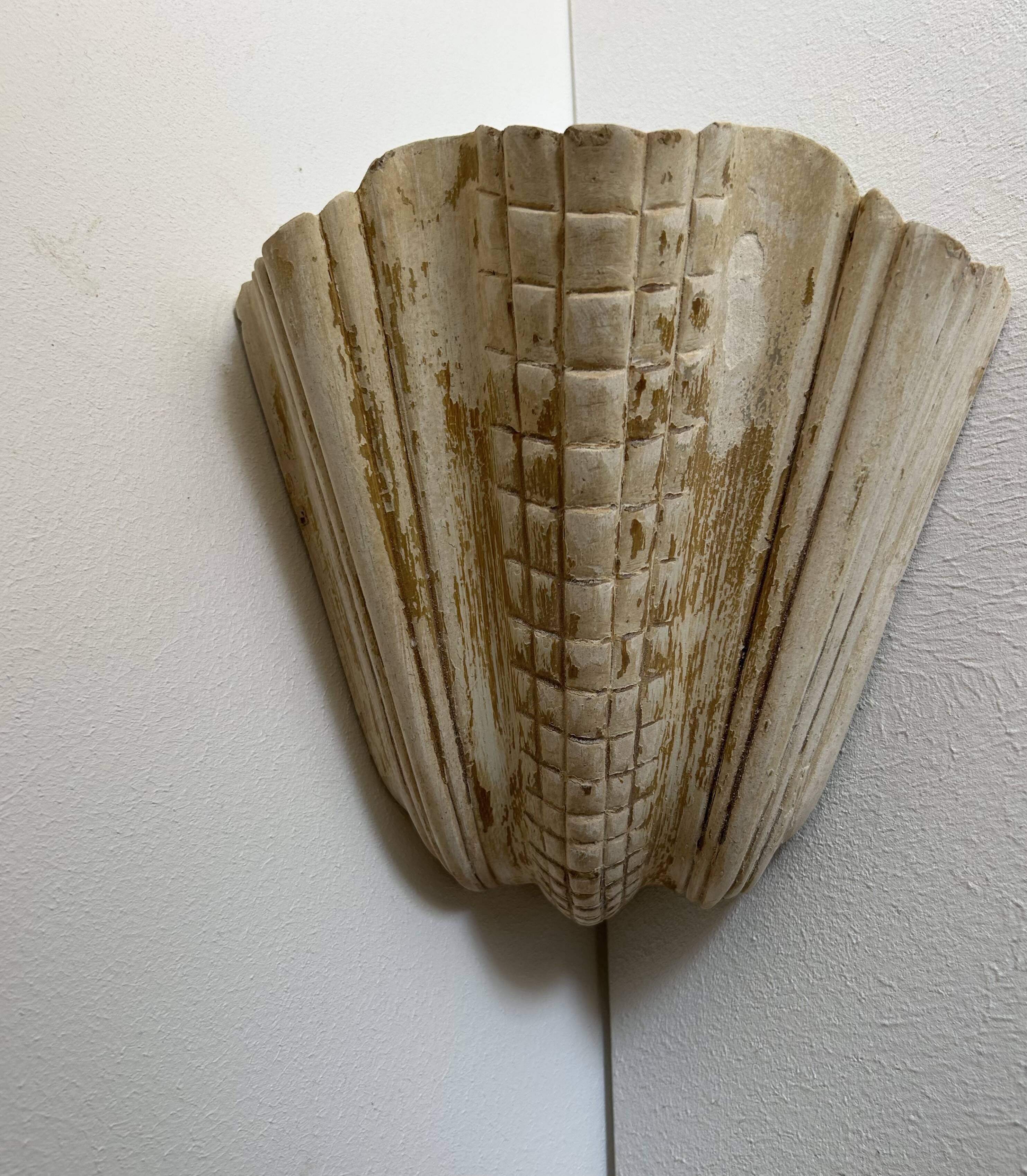 Pair of vintage shell wall lights, beige patinated plaster, France, 1940