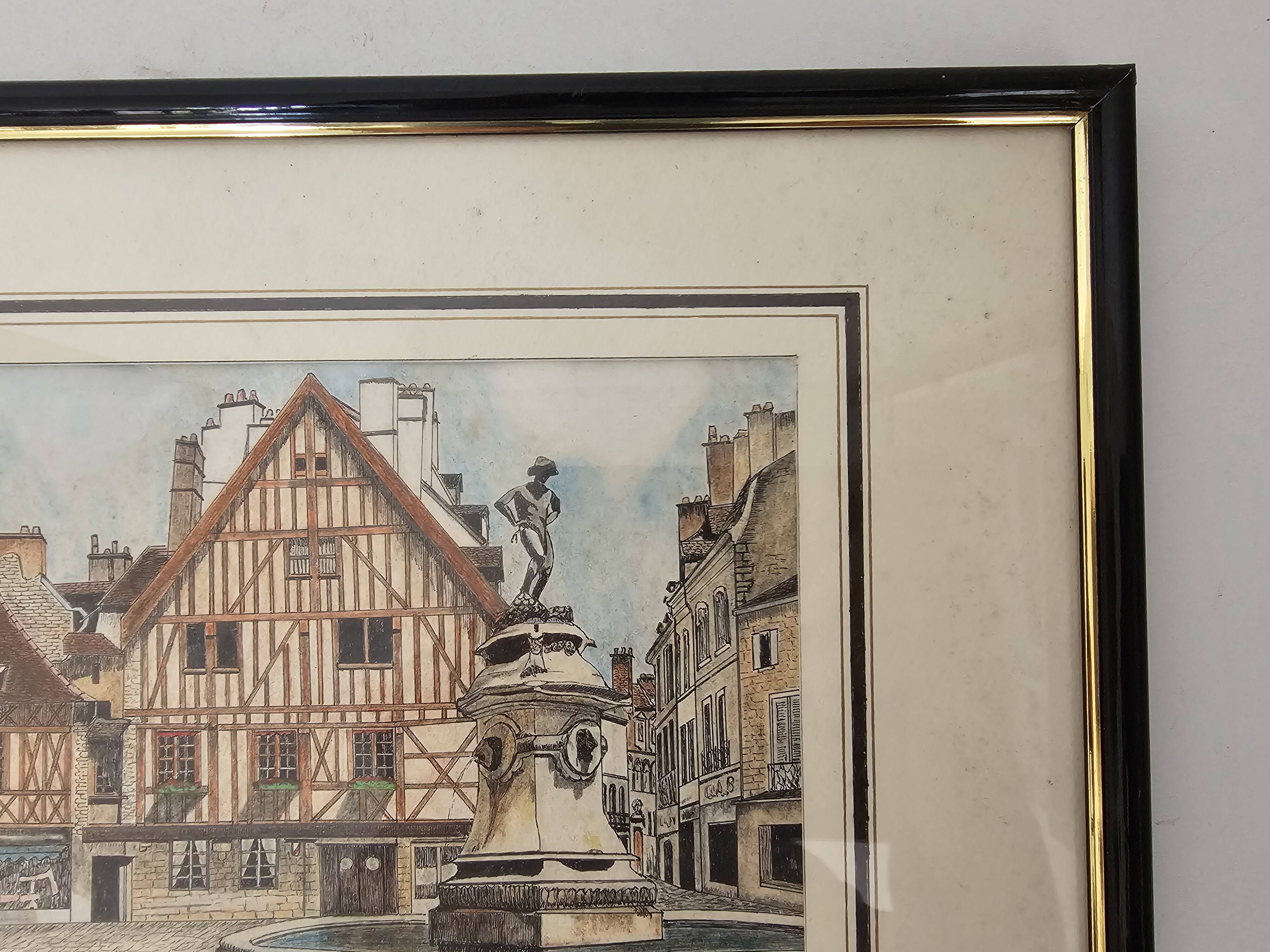 Tableau Ink and pastel - Dijon Place François-Rude - E Poinet